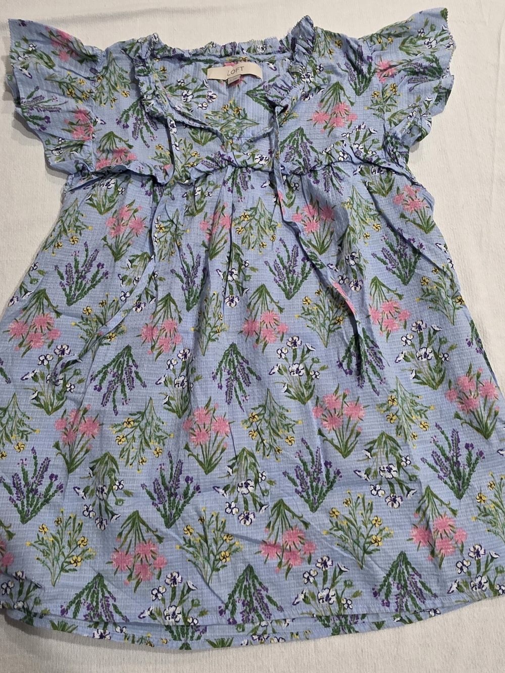 LOFT Light Blue Floral Ruffle Sleeve Top